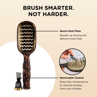 TELETIES vented hair brush with quick-heat plate and removable cleaner tool on neutral background.