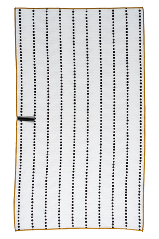 White kitchen towel with black dotted pattern and hanging loop from Bloom Towels.