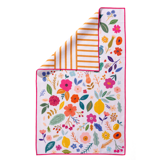 Colorful wildflower kitchen towel with floral pattern on one side and orange stripes on reverse