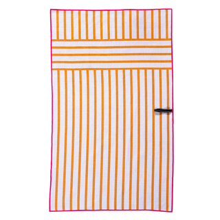 Orange and white striped kitchen towel with pink border and hanging loop
