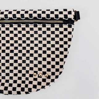 Black and white checkered woven bum bag with gold zipper and metal studs detail