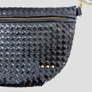Black woven leather bum bag with gold zipper and decorative studs from Pretty Simple