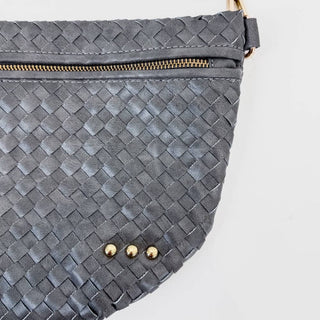 Gray woven leather bum bag with gold zipper and decorative studs from Pretty Simple