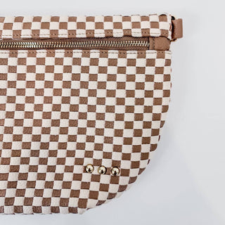 Brown and white checkered woven bum bag with gold zipper and metal studs detail.